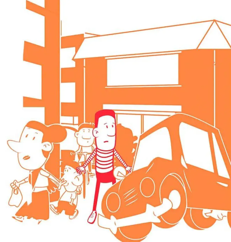 A worried boy in red stands near a car with a family walking by on a busy orange city street.
