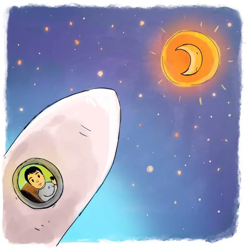 A boy looks out from a rocket window into a purple starry sky with a glowing moon and crescent shape.