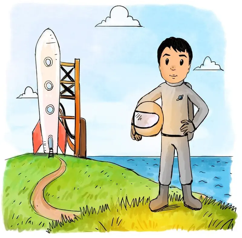 A boy in a space suit holds his helmet standing near a rocket on a launch pad by the ocean.
