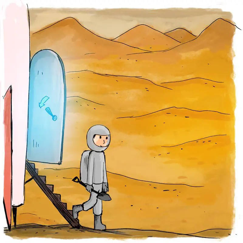 An astronaut in a space suit walks down steps from a rocket onto an orange Mars landscape with mountains.