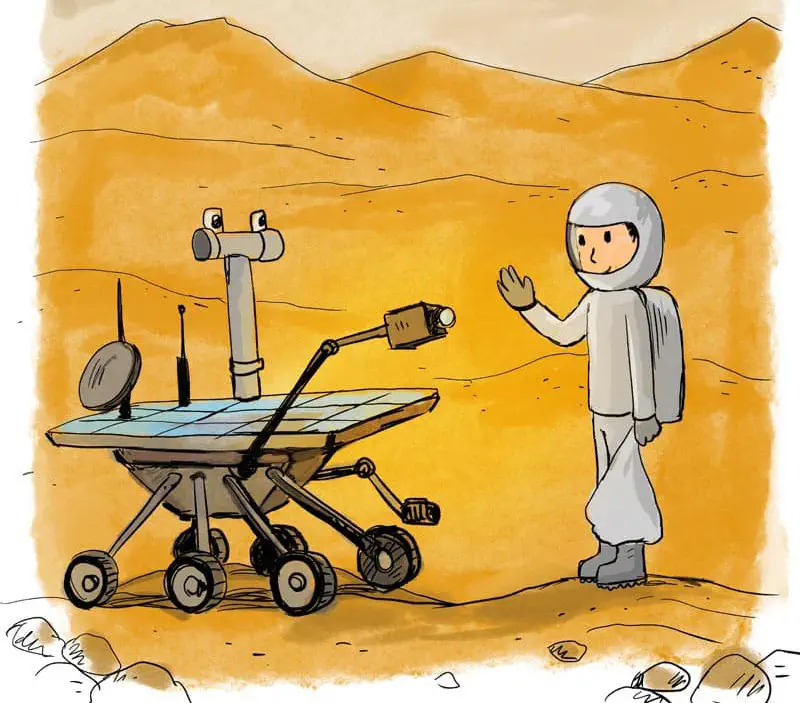 An astronaut waves at a Mars rover robot with solar panels on the orange rocky Martian surface.