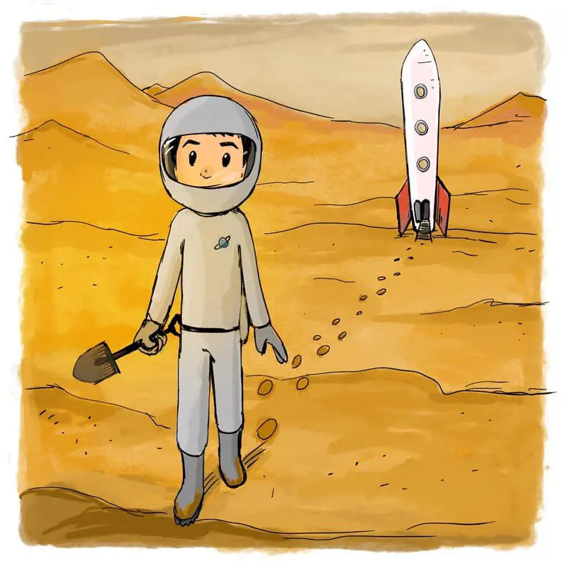 An astronaut holding a shovel walks on Mars with footprints behind, rocket ship in the distance and mountains.