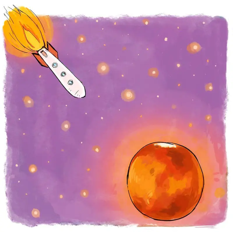 A rocket with flames zooms through purple starry space approaching a large glowing orange Mars planet.