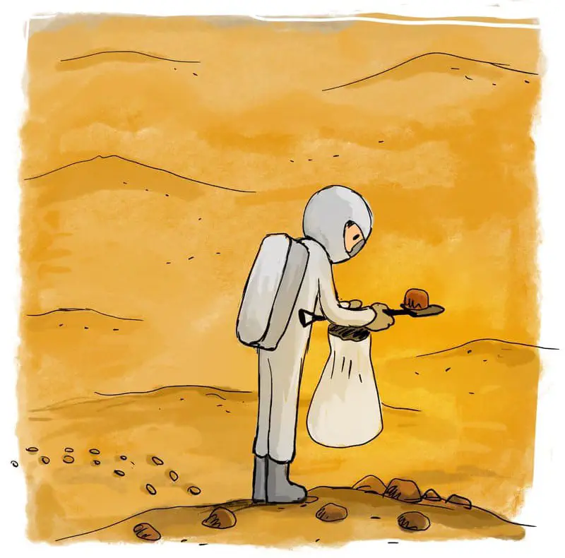 An astronaut with a backpack uses a shovel to collect rock samples on the orange Mars surface.
