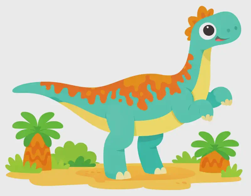 On the left side of the image, a friendly cartoon dinosaur (resembling a prosauropod) stands upright on its two strong hind legs with a happy, curious expression, its front limbs raised like arms in front of its chest with small pale claws. The dinosaur is teal-turquoise with a yellow belly, mottled orange markings running along its back and tail, and a small orange crest on its head. It has a long neck and tail, and is surrounded by low prehistoric-looking green shrubs and orange-trunked cycad-like plants on warm, sandy yellow ground. The right side of the image fades to a plain white background.