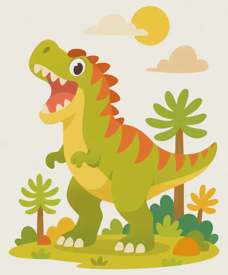 On the right side of the image, a T-Rex stands tall among small prehistoric trees and bushes, roaring but with a proud expression on its face. The scene is set outdoors in a warm, sunlit prehistoric landscape with soft pastel clouds in the sky. The left side of the image is open white/light background, suitable for text overlay.