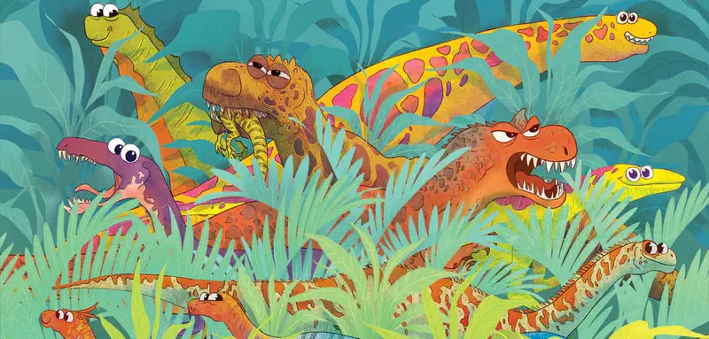 Colorful cartoon dinosaurs of various species peek through teal jungle foliage, including T-rex, long-necked sauropods, and smaller dinosaurs with expressive eyes.