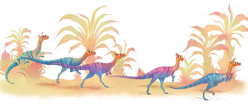 Five small colorful theropod dinosaurs running together as a pack through a prehistoric landscape with soft orange and pink fern plants.
