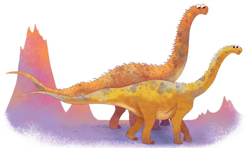 Two orange and yellow long-necked sauropod dinosaurs with spiky backs walk together past pink and orange mountains in a prehistoric scene.
