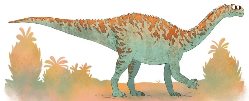 A large teal and orange patterned sauropod dinosaur walks slowly through a desert with pineapple-shaped prehistoric plants.