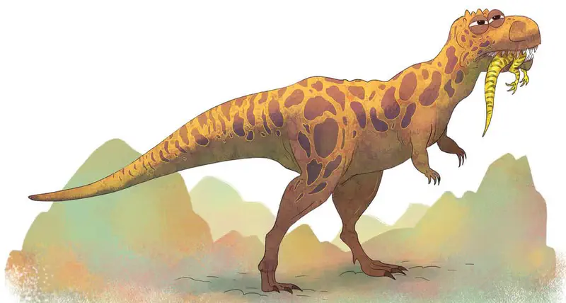 A spotted yellow and brown T-rex dinosaur holding a striped snake in its small arms, standing against a backdrop of green mountains.