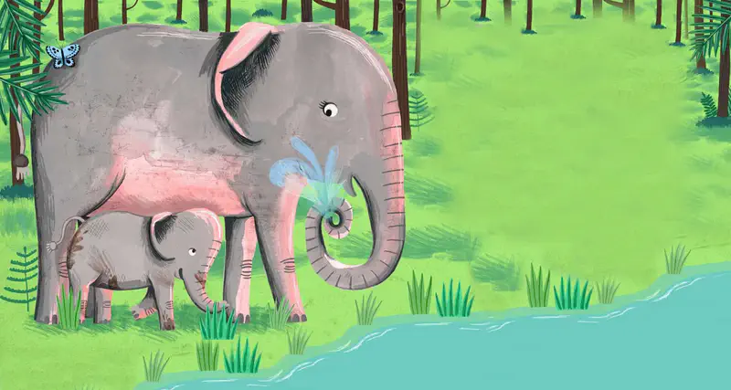 A mother elephant sprays water from her trunk while standing with her baby by a river in a forest.