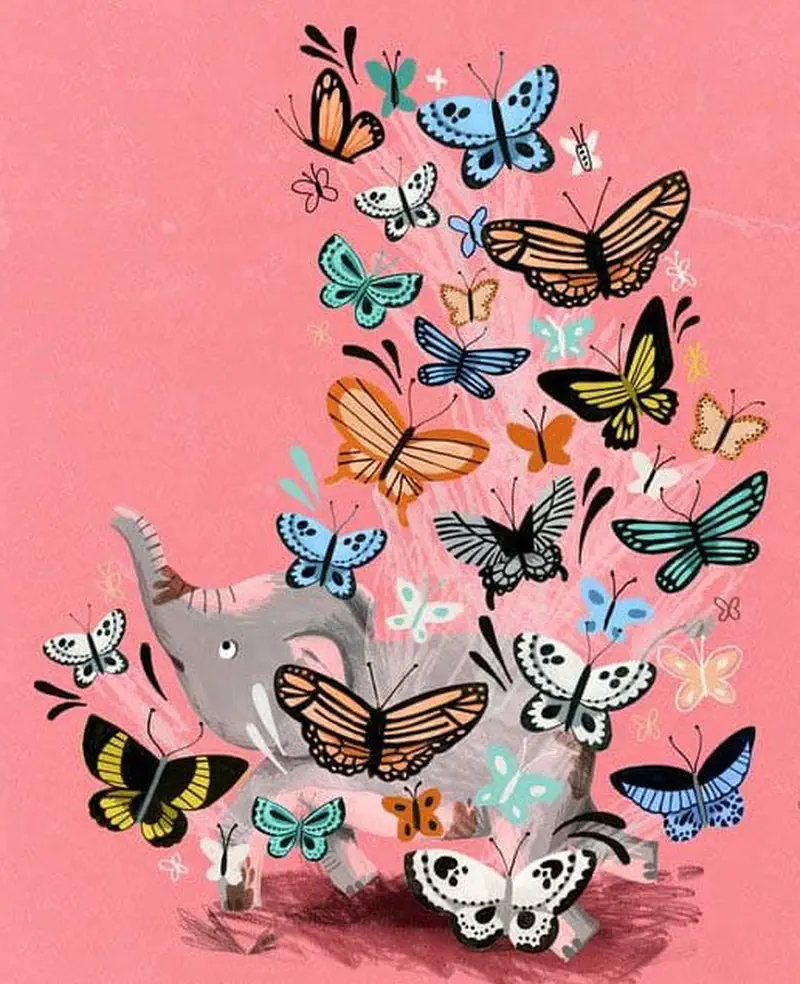 A joyful elephant runs surrounded by dozens of colorful butterflies floating upward against a pink background.