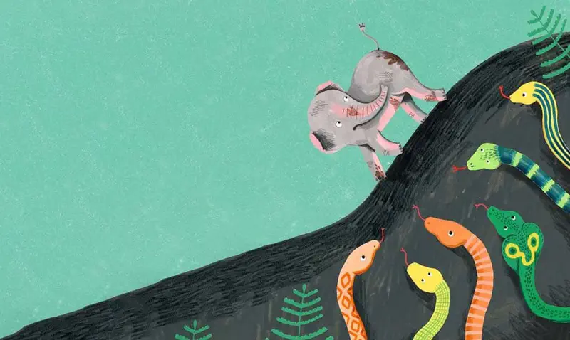 A baby elephant climbs up a dark hill while colorful snakes watch from the slope against a teal sky.