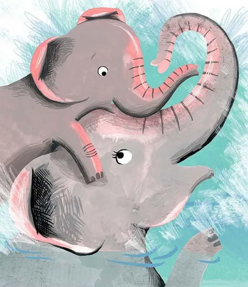 A mother elephant holds a baby elephant with their trunks intertwined lovingly against a blue background.