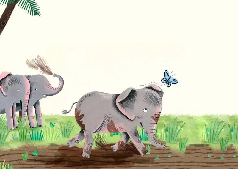 A baby elephant runs through grass chasing a blue butterfly while a mother elephant watches from under a palm tree.