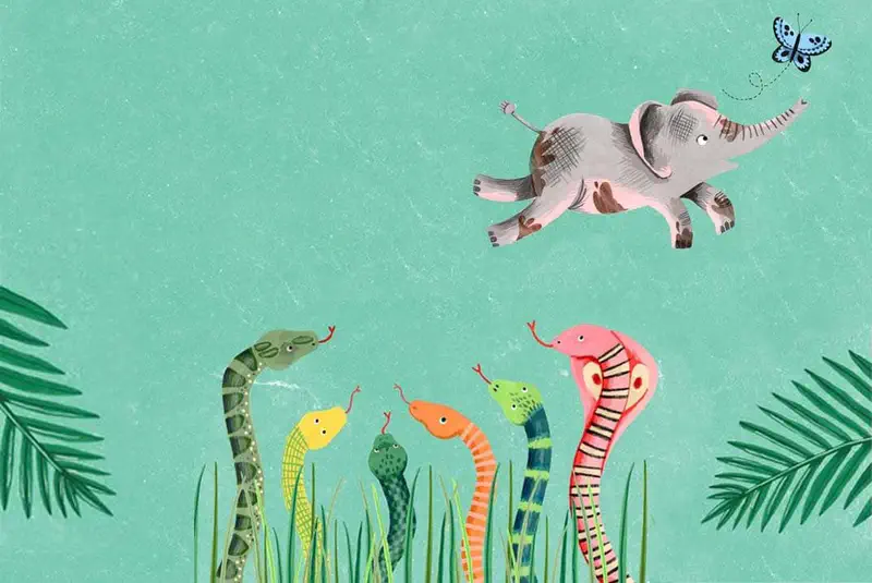 A baby elephant leaps joyfully over colorful snakes in grass while chasing a butterfly against a teal background.