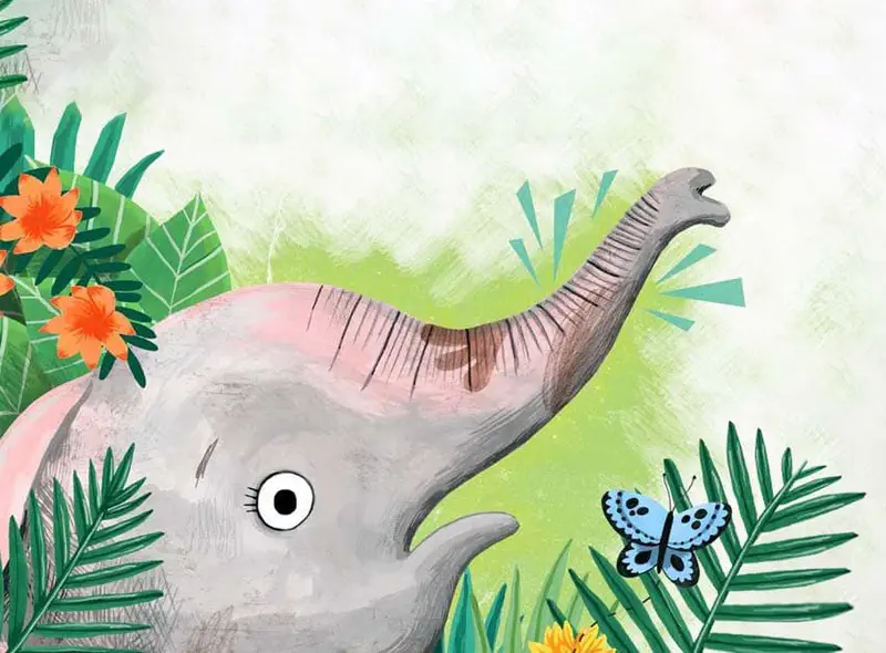 A baby elephant raises its trunk happily near a blue butterfly surrounded by jungle plants and orange flowers.