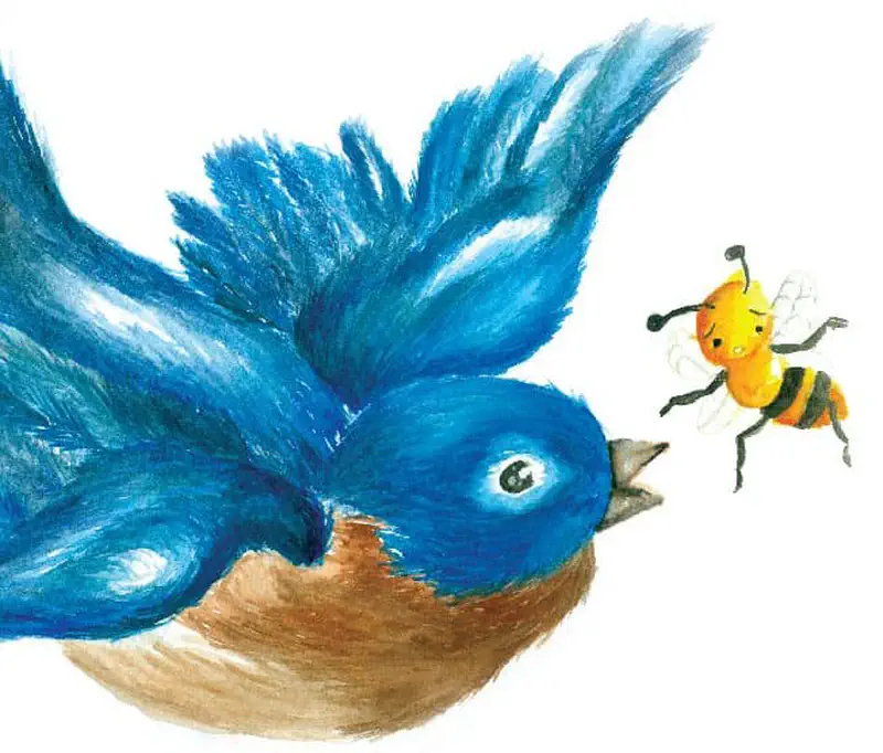 A blue bird with spread wings flies next to a happy yellow and black striped bee.