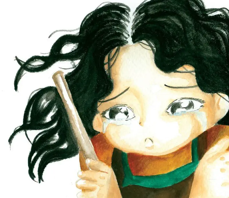 A sad girl with black hair and teary eyes holds a flute while looking upset and worried.
