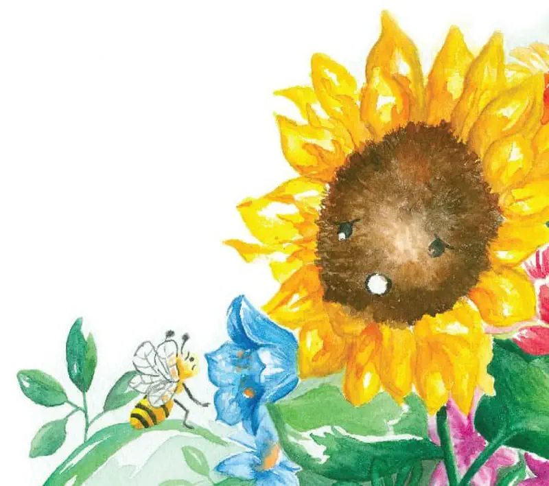 A bee sits on a leaf looking at a sad sunflower with a frowning face, surrounded by blue and pink flowers.