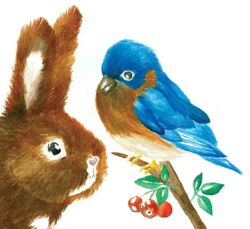 A brown rabbit looks at a blue bird perched on a branch with red berries in a close-up view.