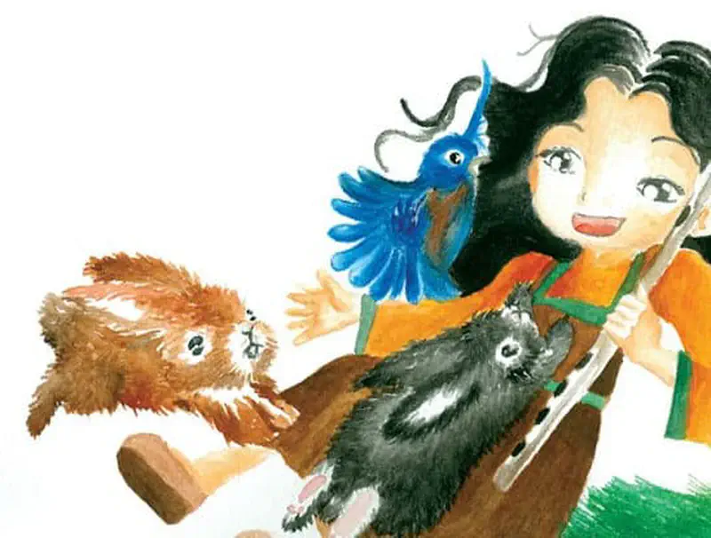 A girl with black hair holds a flute while a blue bird, brown rabbit, and black cat gather around her.