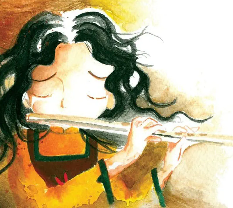 A girl with flowing black hair plays a flute peacefully with her eyes closed against a warm yellow background.