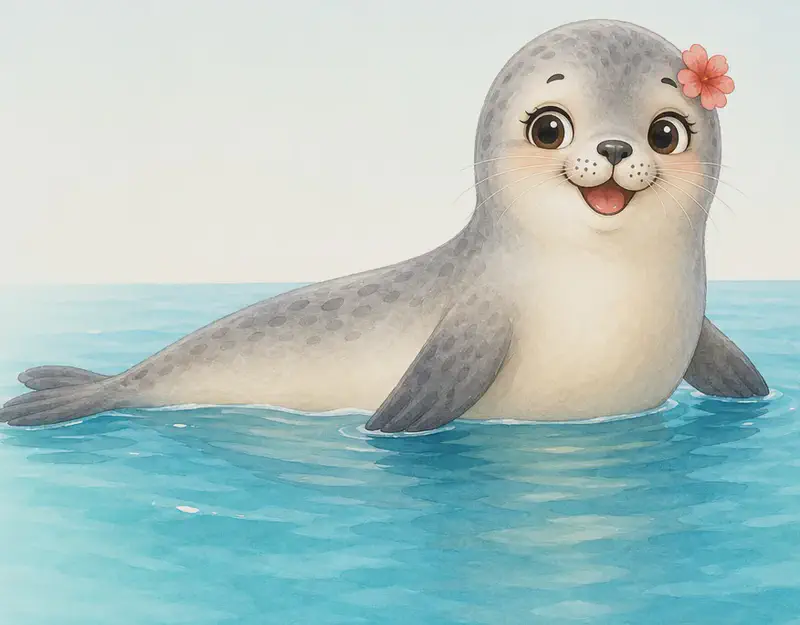 Introduce Fernanda. Show her full body in clear profile so the reader can see her long body shape and flippers. She is in the sea, half-floating on the surface, looking friendly and at ease. Setting: open seawater with a gentle horizon.