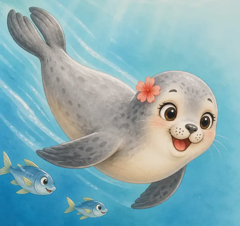 Fernanda swimming swiftly underwater, flippers clearly visible propelling her forward. A small fish or two swim near her to convey her diet. Mood: fast, agile, happy.