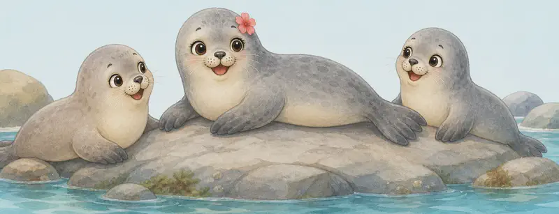 Fernanda resting on a cool rock or a smooth surface in the nature park, with one or two other seals nearby. The short fur should look soft. Mood: cozy, calm, at-home in the park.