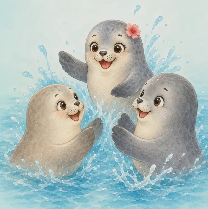 Fernanda playing happily with Felipe and Felisa. All three seals are grouped close together in joyful play — for example, splashing in shallow water or playfully facing one another. Fernanda's expression is especially cheerful as she leads the fun. Mood: friendly and lively.
