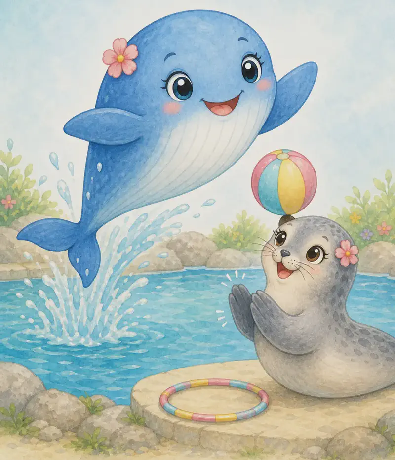 Fernanda balances a colourful ball on her nose or near her flippers, with a hoop visible nearby, and claps her flippers happily as Berta the whale leaps clear out of the water in a graceful arc. Both characters together in a park pool/water area. Mood: joyful spectacle, admiration.