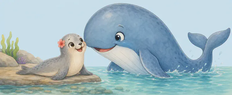 A warm two-character moment: Fernanda gazes up at Berta with a wide, admiring smile. Berta is close to Fernanda — perhaps resting at the water's edge or gently arching above Fernanda — her great tail visible. Mood: admiration, friendship, wonder.