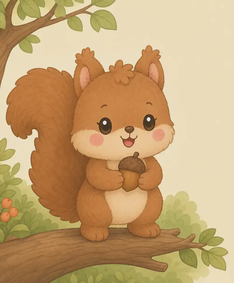Adela stands upright on her back legs on a sturdy tree branch on the left side, holding an acorn between her front paws. Her long fluffy tail curls up behind her, leafy twigs and a few orange berries frame the branch, and the right half is clean simple cream background for text.