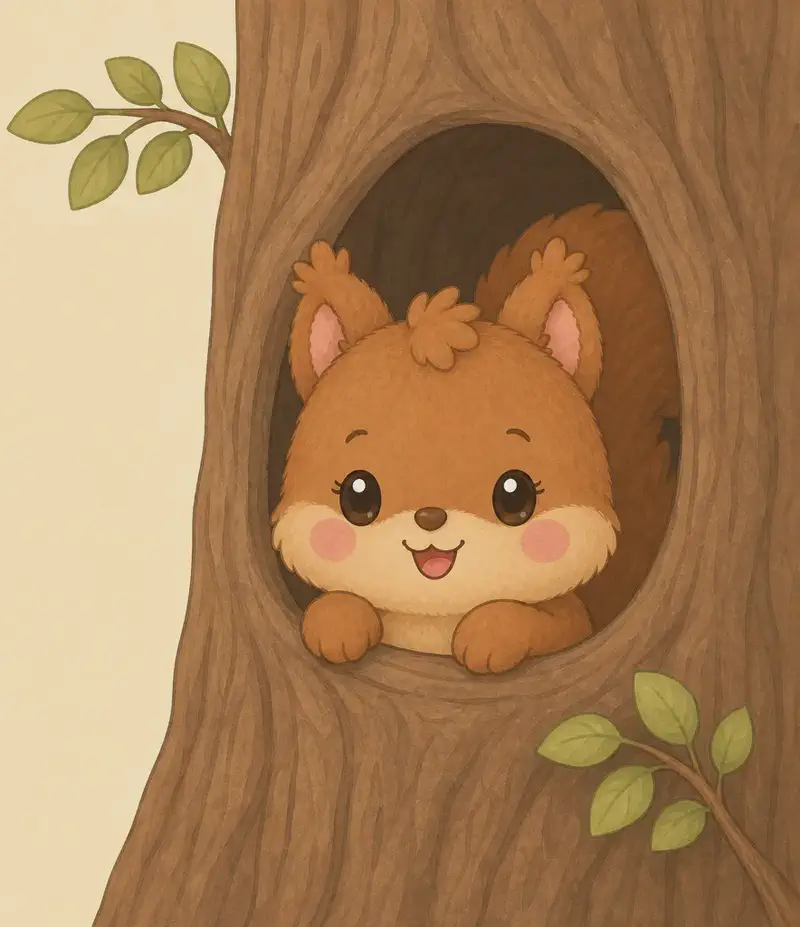 A tall tree with a clear hollow in the trunk. Adela peeks out safely and cozily with her head and front paws visible, while the left half remains plain for text.