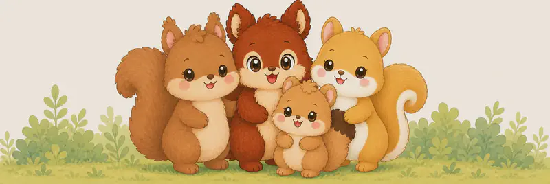 Adela, Andrea, Ana, and Amelia are grouped together warmly in a soft forest setting, smiling as close squirrel sisters, with clean top space for text.