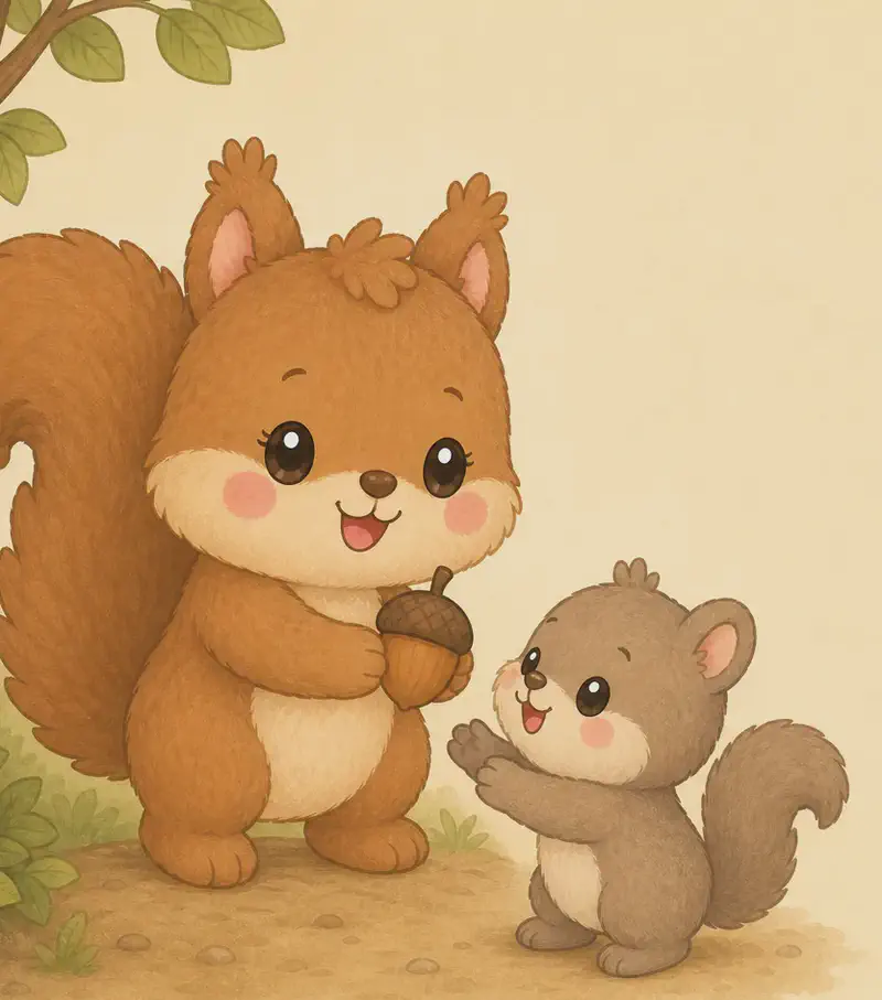 Adela kindly offers an acorn or food to a smaller hungry squirrel in the forest. The other squirrel reaches up gratefully, with clean right-side text space.