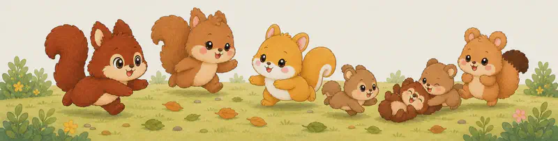 Adela and her three sisters play happily with young squirrels on the forest floor, full of friendly motion and joyful expressions, with clean top text space.