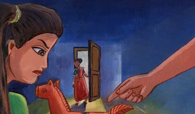 A girl in green holds a toy horse while looking worried as her mother enters through a doorway and an adult hand reaches toward her in a blue room.
