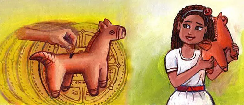 Split image showing a hand putting a coin into a clay horse piggy bank, and a happy girl with curly hair holding the horse savings bank.