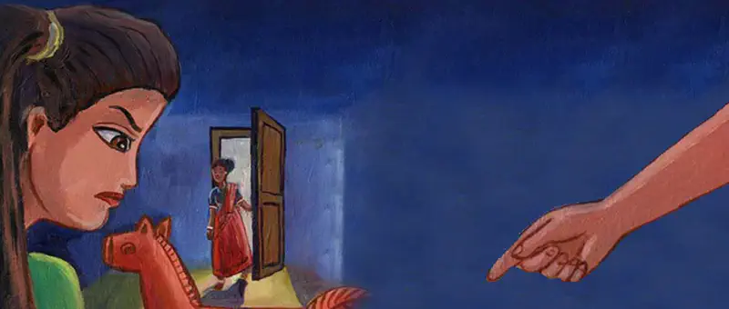 A girl in green holds a toy horse looking concerned as her mother enters through a doorway and an adult hand extends toward her in a dark blue room.