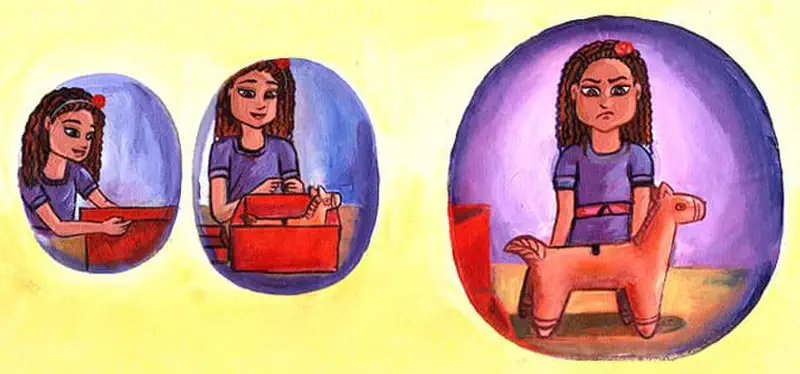 Three circular vignettes showing a curly-haired girl receiving a box, looking inside the box, and sitting sadly on a clay horse toy.