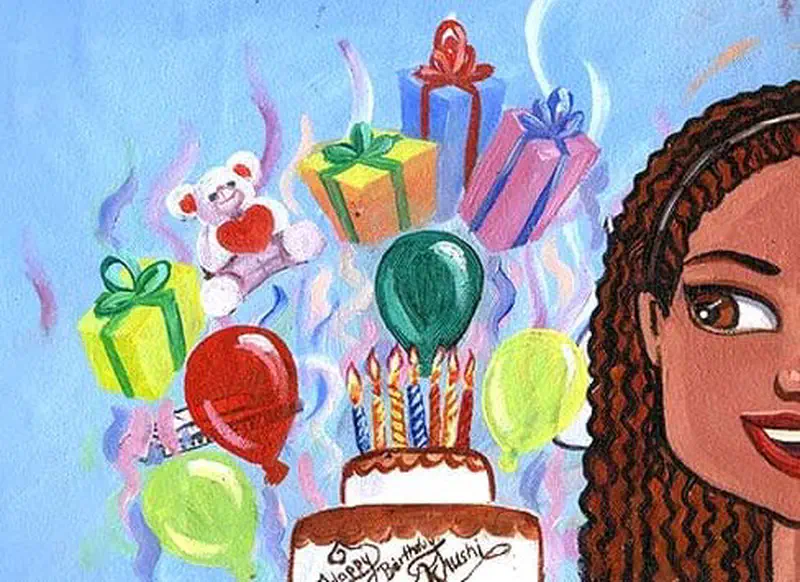 A smiling girl with curly hair looks at her birthday cake with candles surrounded by colorful wrapped gifts, balloons, and a teddy bear.