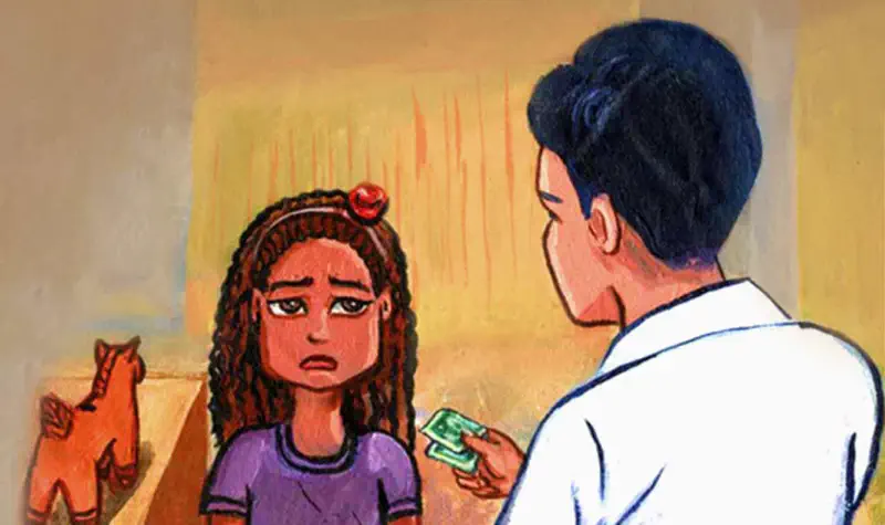 A sad girl with curly hair in purple looks down as a man in white offers her money, with a clay horse toy on a shelf behind them.