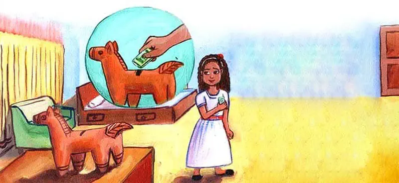 A girl stands in a room with clay horse toys on furniture while a thought bubble shows a hand putting money into a horse-shaped piggy bank.