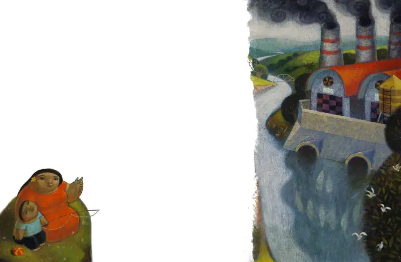 A mother in orange and child sit on a grassy hill while a factory with smoking chimneys releases dark pollution into a river flowing to the sea.