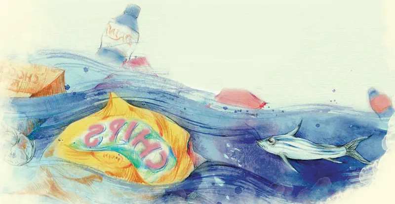 A polluted lake scene showing trash floating in blue water including a yellow chips bag, plastic bottle, chocolate wrapper, and a small fish swimming among the debris.