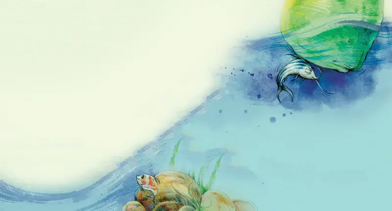 A watercolor lake scene with a fish swimming near a green lily pad, another fish resting on rocks among aquatic plants in clear blue water.