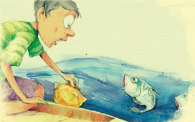A surprised elderly man with glasses in a green shirt leans over a wooden boat, reaching toward a chips bag while a fish watches from the water.